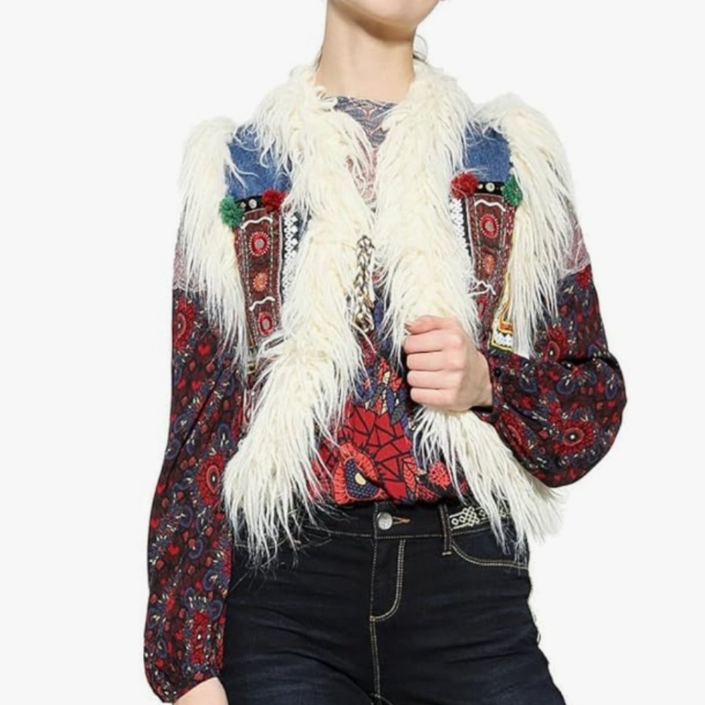 Desigual Denim Embroidered Vest Faux Fur 60s Style Size 38 - US M